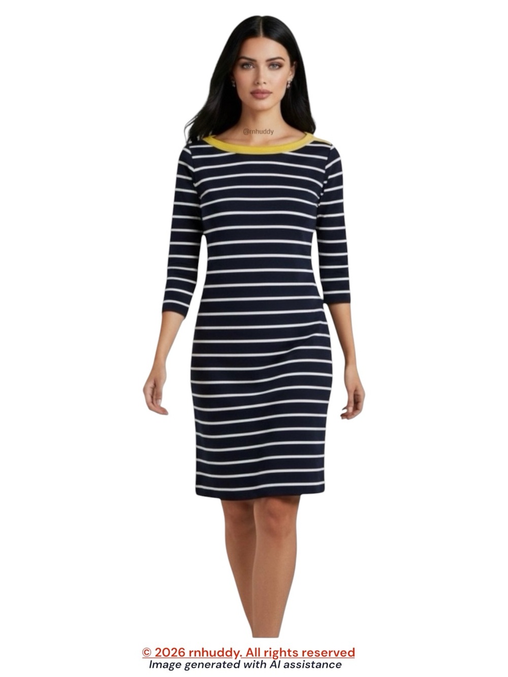 NWT Lauren Ralph Lauren S navy/white striped 3/4 sleeve yellow boatneck dress